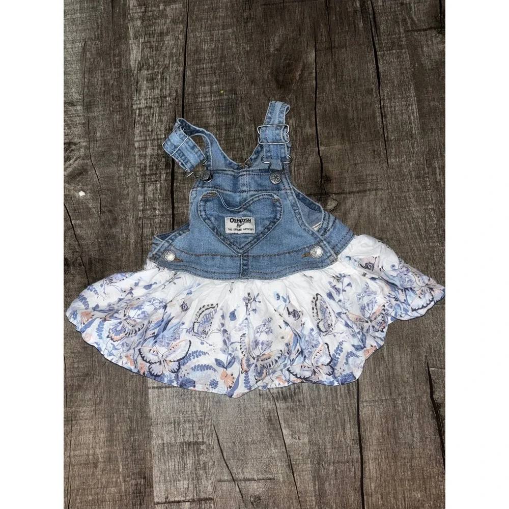 OshKosh Bgosh Baby Girl Denim Butterfly Heart Jumper Dress Blue White 6M